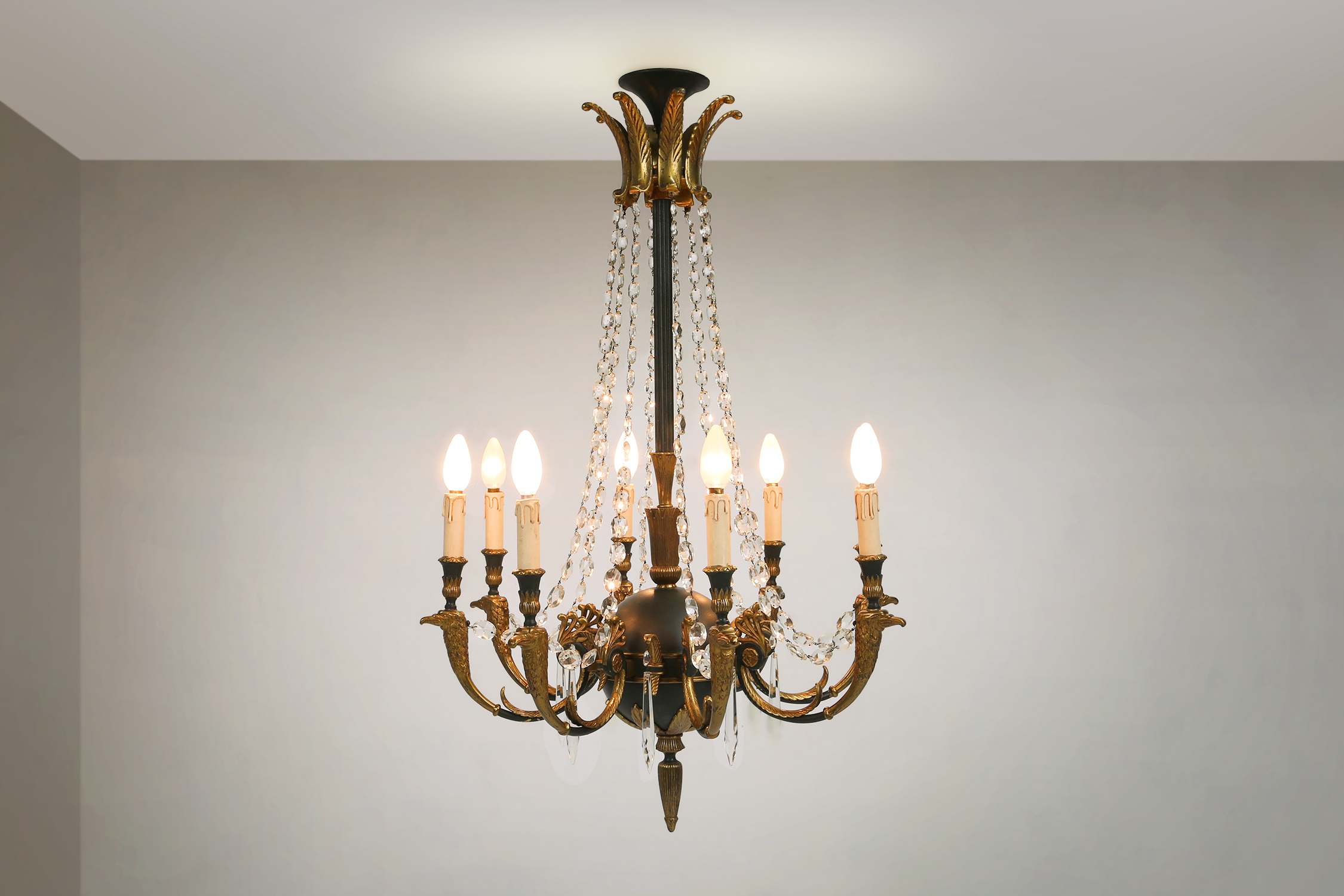 Impressive set of a large bronze Empire Chandelier with 2 wall lights, Belgium ca. 1950thumbnail